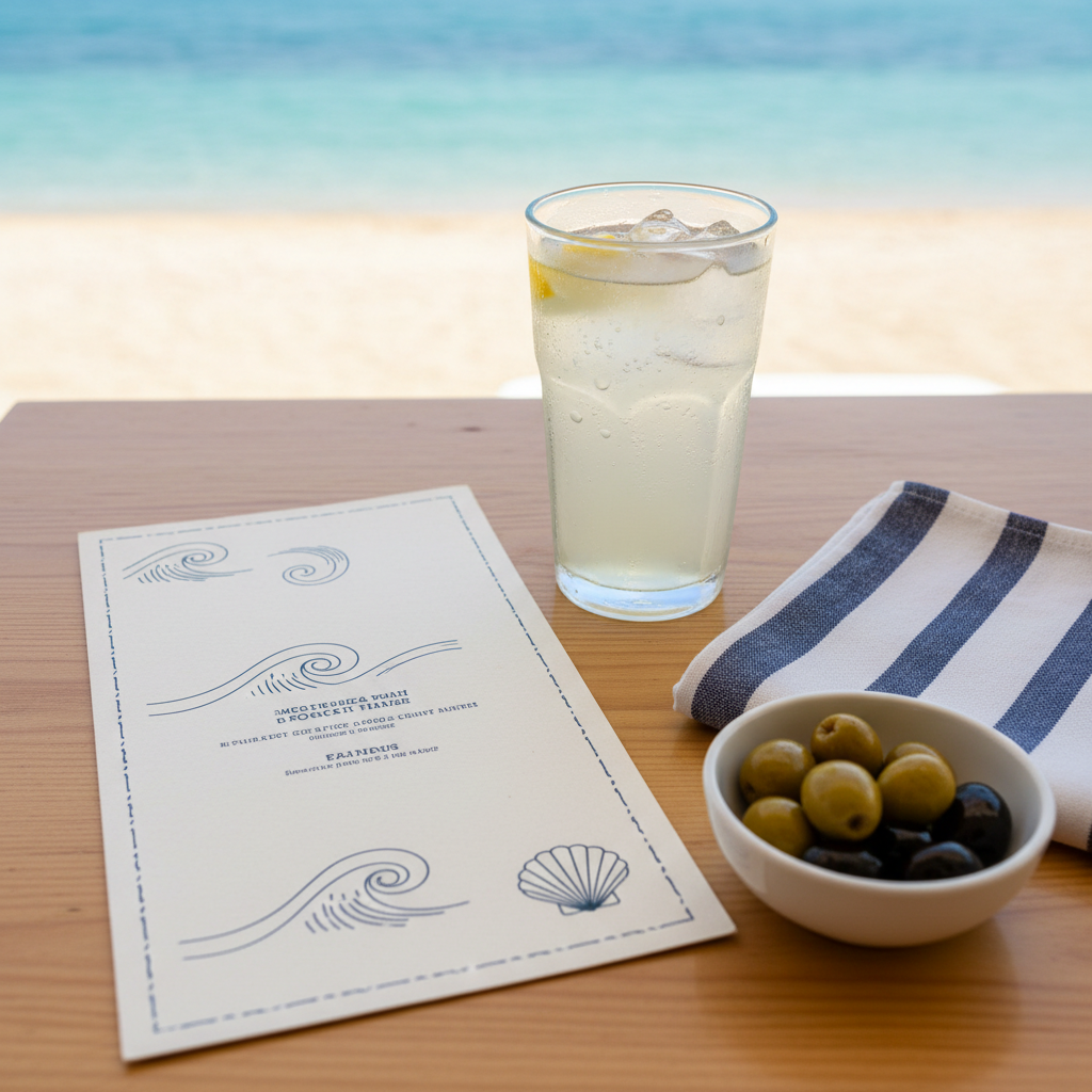 An overhead, photographic view of a seaside menu spread on a smooth, pale wooden table at a playful beach bar in Split, Croatia. The main subject is a printed menu on textured off-white card stock with subtle nautical illustrations of waves and shells, positioned beside a neatly folded striped navy-and-white napkin, a small ceramic dish filled with olives, and a frosty glass of lemonade beading with condensation. Natural daylight from an unseen open side of the bar casts soft, even light and faint shadows. In the distant, out-of-focus background, the sand transitions to turquoise sea. The composition is clean and modern, emphasizing fresh Mediterranean food and drink in a relaxed coastal atmosphere.