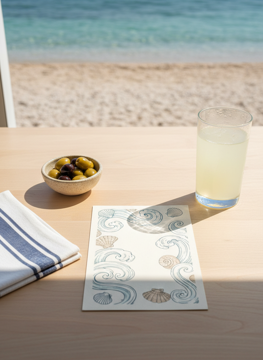 An overhead, photographic view of a seaside menu spread on a smooth, pale wooden table at a playful beach bar in Split, Croatia. The main subject is a printed menu on textured off-white card stock with subtle nautical illustrations of waves and shells, positioned beside a neatly folded striped navy-and-white napkin, a small ceramic dish filled with olives, and a frosty glass of lemonade beading with condensation. Natural daylight from an unseen open side of the bar casts soft, even light and faint shadows. In the distant, out-of-focus background, the sand transitions to turquoise sea. The composition is clean and modern, emphasizing fresh Mediterranean food and drink in a relaxed coastal atmosphere.